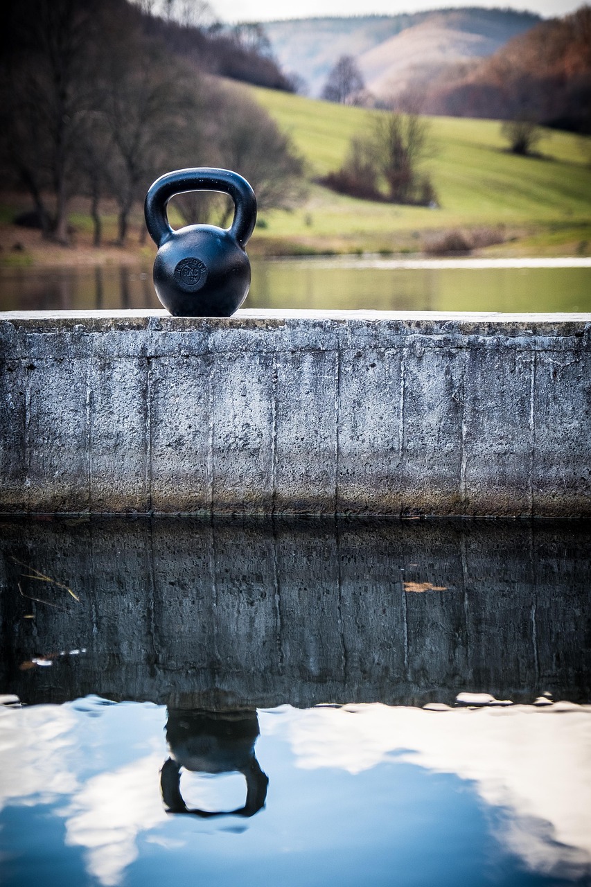 fitness, kettlebell, lake, nature, wilderness, workout, exercise